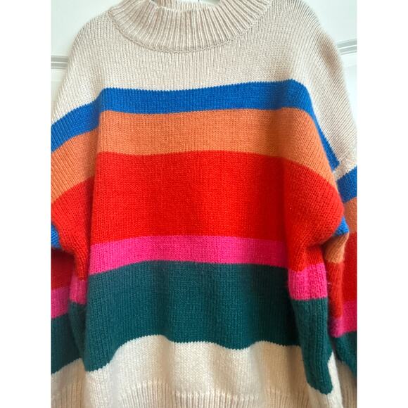 BKE Cream with Multicolor Wide StripesMock Neck Pullover Swearter - Picture 2 of 6